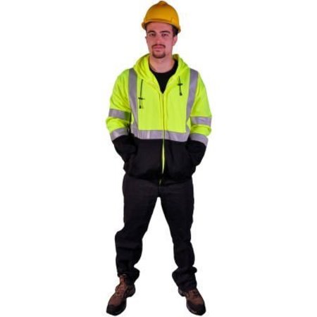 GSS SAFETY GSS Safety 7003 Class 3 Zipper Front Hooded Sweatshirt with Black Bottom, Lime, XL 7003-XL